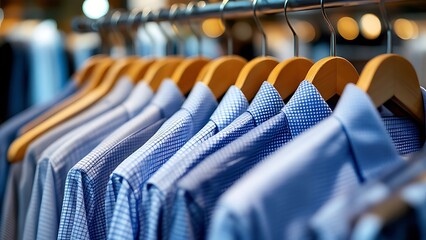 Fototapeta premium A row of neatly ironed blue and white dress shirts hanging on wooden hangers in a wardrobe or clothing store.