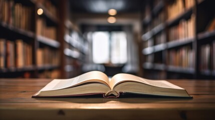 Obraz premium Open Book in a Serene Library Setting: A Haven for Knowledge and Exploration