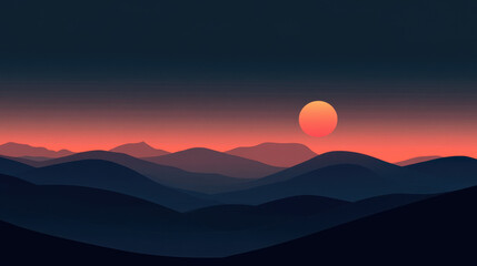 Fototapeta premium Sunset over Mountains: A breathtaking panorama of rolling mountains bathed in the warm glow of a setting sun. The fiery orb casts long shadows.
