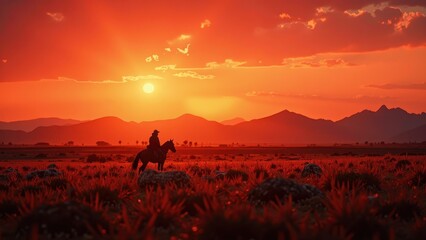 Fototapeta premium A lone figure on horseback rides into the vast expanse of a desert, their silhouette set against a breathtaking backdrop of endless dunes and clear blue sky