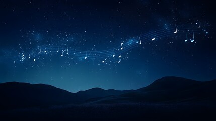 Celestial Music Notes Across Night Sky Over Mountains