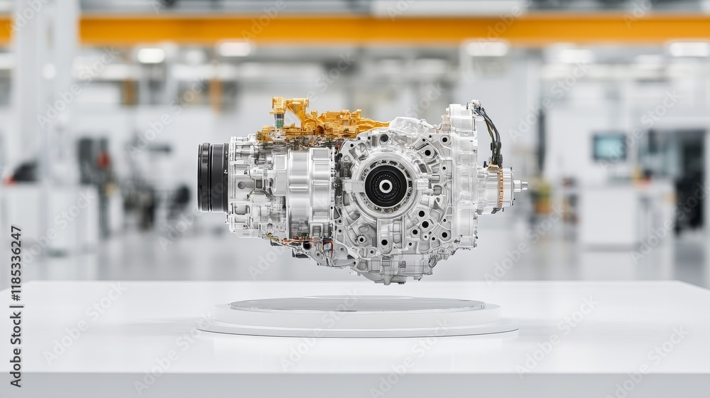 Poster close-up view of a modern automotive engine on display in a high-tech manufacturing facility with a 