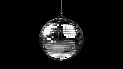 Fototapeta premium Silver Disco Ball Hanging Against Black Background