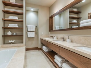 Modern Bathroom Design With Wooden Shelving And Double Sinks