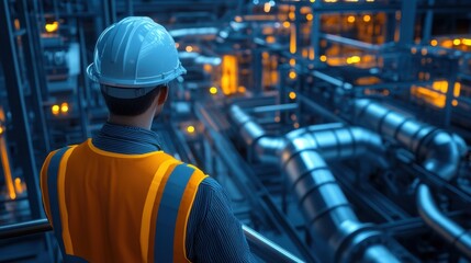 Engineer observing industrial infrastructure in a facility
