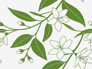 Seamless floral pattern with leaves and branches, jasmine