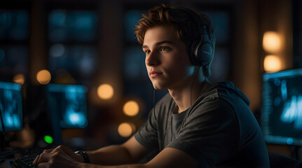 Focused Teenager Gaming in a Dark Room