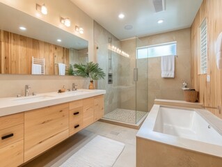 Modern minimalist bathroom design with wood and stone features