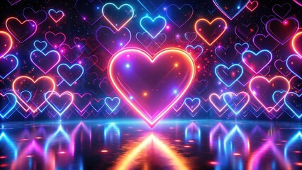 Shiny hearts with glowing neon lights in a dark abstract background