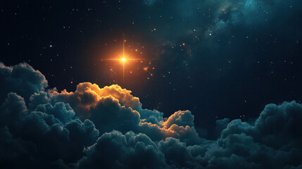 Fototapeta premium Celestial Beacon: A single, radiant star pierces through the night sky, illuminating a sea of swirling clouds. Its golden glow evokes a sense of hope, guidance, and the promise of a new dawn. 