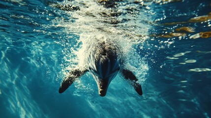 Naklejka premium Penguin Underwater Scene: Graceful Swimming in Ocean Depths