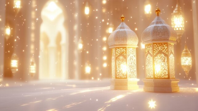 Peaceful 3D Ramadan design with lanterns and a celestial glow, radiating the spirit of the holy month.