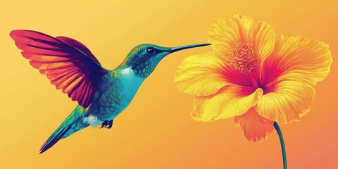 Naklejka premium Vibrant Hummingbird Hovering Near Yellow Flower