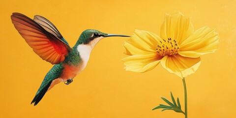 Hummingbird in Flight Approaching Yellow Cosmos Flower