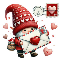 A cheerful gnome holds a love letter adorned with a heart, wearing a festive red hat decorated with hearts.