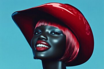 Commercial digital ads visual idea. Stunning happy black girl - for ads, banner and social online marketing ad use. Short coiffure - red hair. Advertising concept. Modern model campaign.