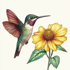 Fototapeta premium Hummingbird in Flight Near a Yellow Sunflower