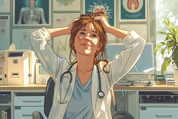 chiropractic office, in a colorful cartoon style, a young chiropractor sits in her office with a friendly smile, surrounded by health posters she exudes warmth and positivity