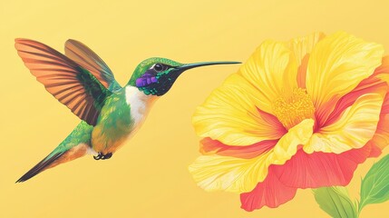 Obraz premium Hummingbird in Flight Near a Yellow Flower
