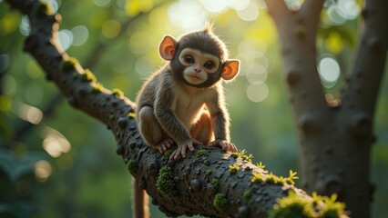 Naklejka premium A curious young monkey sits on a lush tree branch, gazing directly at you with bright eyes and a playful face, set against a soft green backdrop of blurred foliage