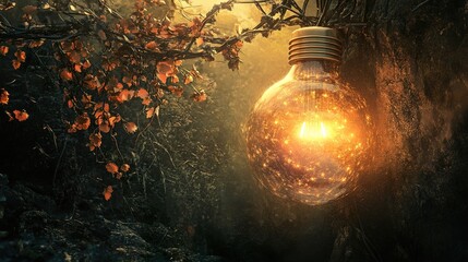 Glowing Lightbulb in a Dark Forest: An Enchanting Autumn Scene