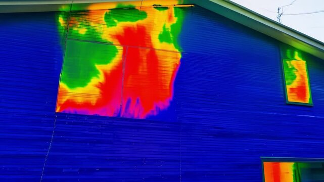 Thermal imaging detecting heat loss around windows on house