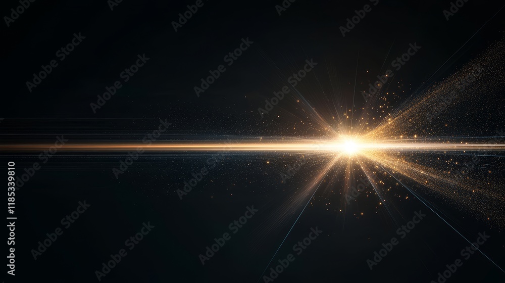 Poster abstract light burst with sparkling particles and radiant beams against a dark background, creating 