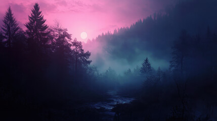 Fototapeta premium Mystical Moonlight Forest: An ethereal landscape unfolds as the moon casts a soft pink glow through a veil of mist, illuminating a serene forest with a river winding through its heart. 
