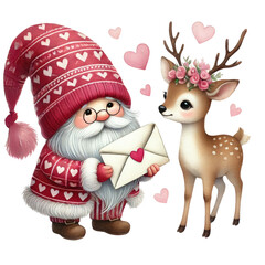 Fototapeta premium A cheerful gnome in a patterned hat holds a love letter while standing beside a cute deer adorned with flowers.