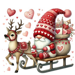 A whimsical Santa Claus in a red hat, riding a sleigh pulled by a reindeer, surrounded by heart-themed decorations.