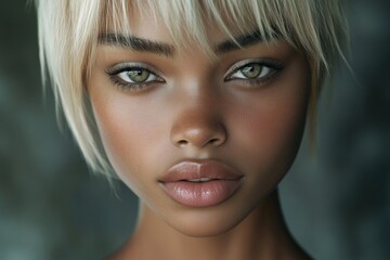 Fototapeta premium Gorgeous calm black girl - for ads, flyer and social platforms use. Commercial ad campaign visual idea visual pattern. Short haircut - blond hair. Short hair style. Black model style.