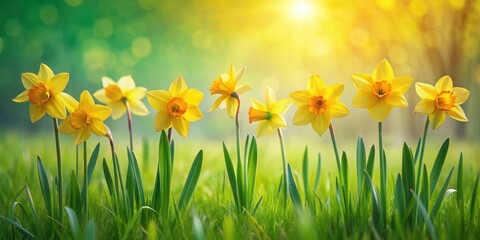 A row of bright yellow daffodils swaying gently in the breeze amidst lush green grass in a picturesque meadow, meadow, bloom