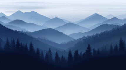 Obraz premium Serene Mountain Landscape: A breathtaking view of a misty mountain range, showcasing layers of blue and green hues as the sun peeks through the clouds.