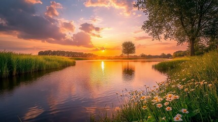 Serene sunset over a tranquil lake surrounded by lush greenery and blooming flowers.