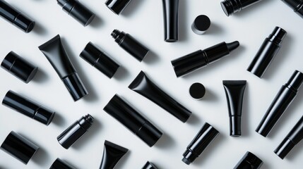 65.An array of elegant black cosmetic tubes of varying sizes, scattered artfully on a spotless white surface, creating a sense of modern luxury.