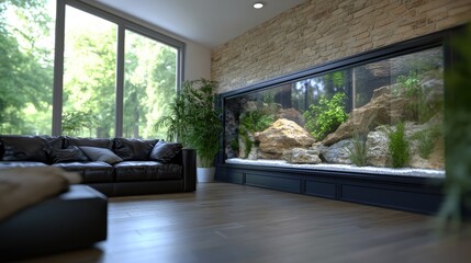 Fototapeta premium Elegant space - chic modern interior featuring large aquarium as centerpiece, enhancing luxurious ambiance of home or hotel with stylish design elements, serene and harmonious environment.