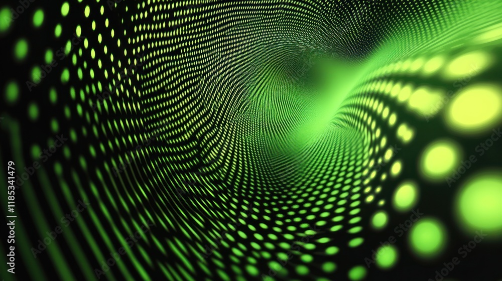 Poster abstract green digital vortex: swirling dots and glowing lights in a dynamic pattern