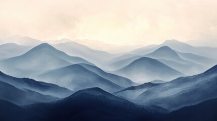 Fototapeta premium Serene Mountain Range: A breathtaking panorama of majestic mountains shrouded in a soft blue mist, capturing the essence of tranquility and solitude.