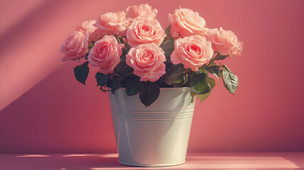 Fototapeta premium Pink roses, bucket, sunlit studio, romantic