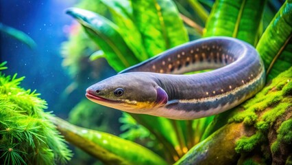 Obraz premium Aerial View of Electric Eel in Aquarium - Stunning Underwater Shots of Electrophorus Electricus with Selective Focus for Aquatic Life Enthusiasts