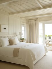 Fototapeta premium Serene Coastal Bedroom With White Bedding And Cream Accents