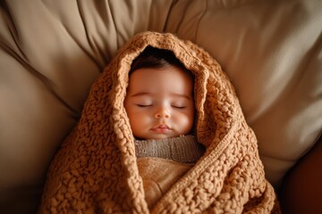 Peaceful sleeping baby wrapped in cozy brown blanket