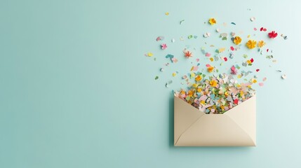 Colorful Petals and Confetti Emanating from an Open Envelope on a Soft Turquoise Background Perfect for Celebratory or Floral Themes