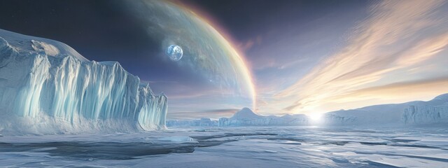 An extraordinary view of a high-altitude ice shelf with massive, crystalline ice formations and a rare, vivid planetary alignment creating a celestial arch over the frozen landscape