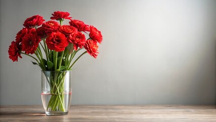 Vibrant red large blooming flowers arranged in a elegant and modern vase with clean lines and simple background, blossoms