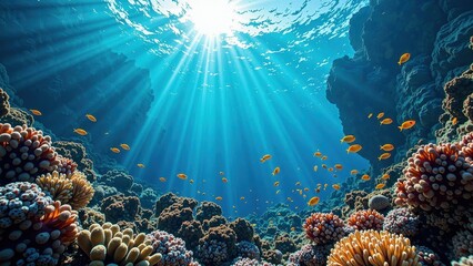 Obraz premium Vibrant coral reef teeming with life, as a shimmering school of yellow fish darts past, illuminated by warm sunlight pouring down from above