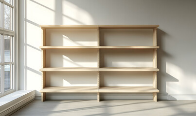 Sunlight on empty wooden shelving unit, room interior