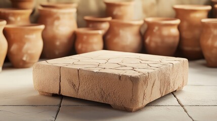 Cracked Clay Podium in Pottery Workshop - Product Display Mockup
