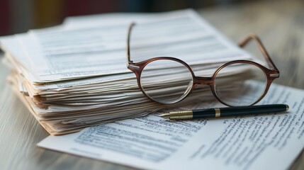 Stack of Papers, Pen, Glasses, Desk, Study, Work, Documents, Research, Close-Up