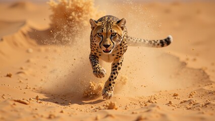 "Sprinting majestically across golden sand, a sleek cheetah bursts into action, its tawny fur and piercing eyes radiating dynamism."